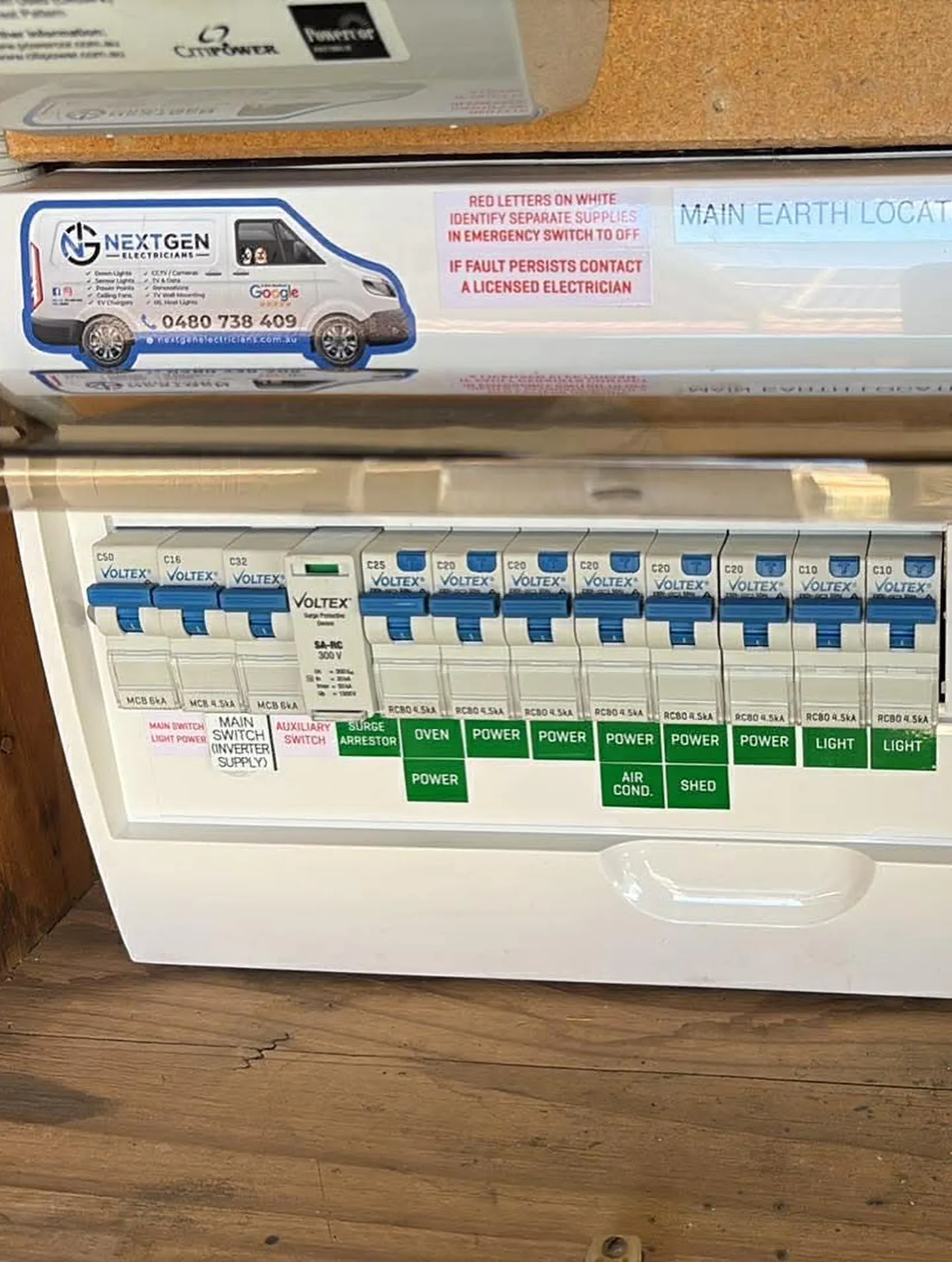 Modern Voltex switchboard with clearly labelled circuits