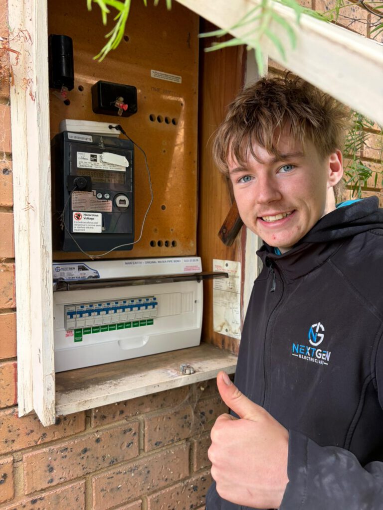 Jakob giving a thumbs up next to a completed switchboard and meter upgrade, NextGen service sticker on the board
