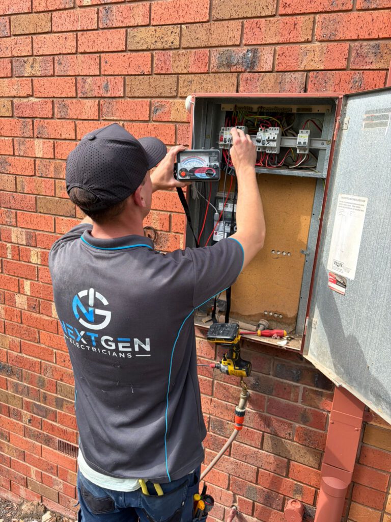 Harley using a multimeter to test a switchboard during fault finding at a Bacchus Marsh home