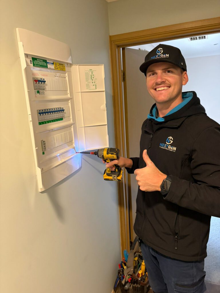 Harley drilling a new switchboard into place during a residential switchboard upgrade