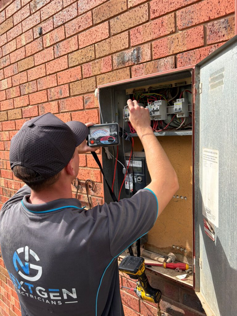 Jakob testing voltage on a red-brick outdoor switchboard with a multimeter