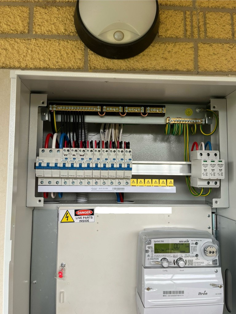 Close-up of a fully wired new switchboard at a Bacchus Marsh 3340 home, showing clean RCBO terminations and meter