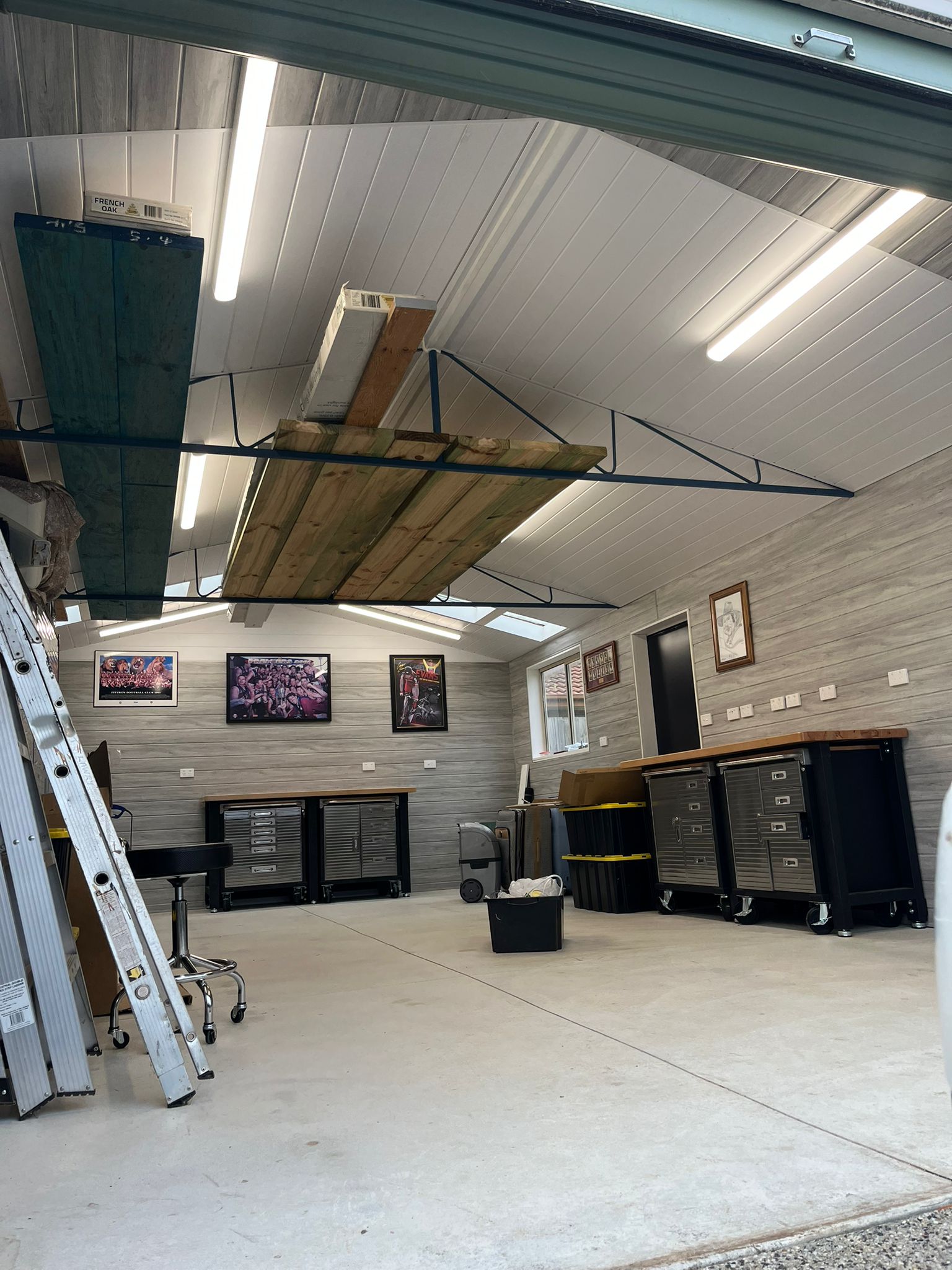 Fitted-out shed workshop with LED batten lighting and powerpoints installed by NextGen Electricians